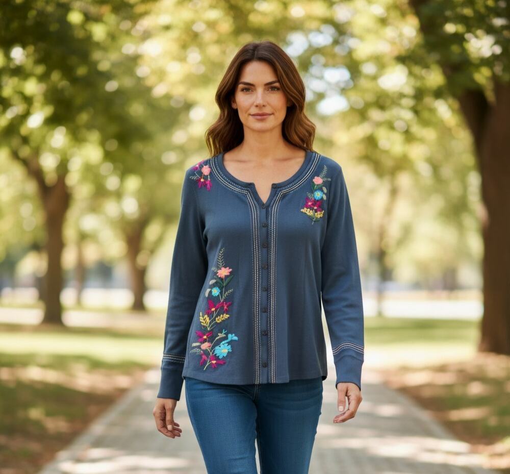 Sundance × Alp N Rock Teal Mara floral henley embroidered button up sz large new